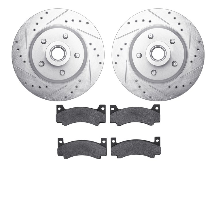7502-39053 Drilled/Slotted Brake Rotors w/5000 Advanced Brake Pads Kit [Silver], 1969-1973 Mopar, Position: Front