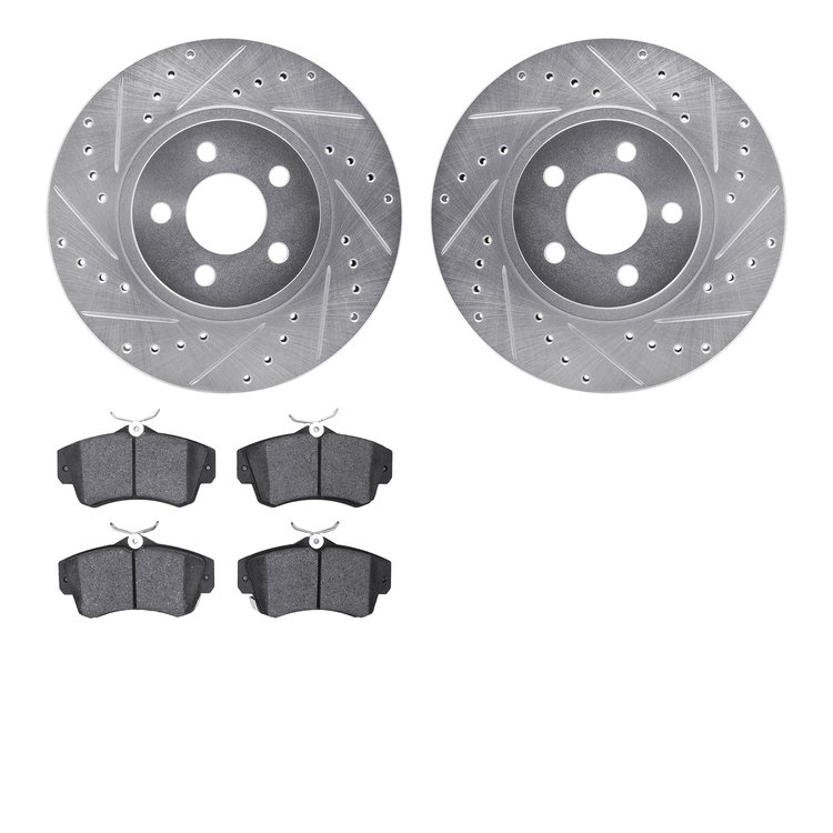 7502-39083 Drilled/Slotted Brake Rotors w/5000 Advanced Brake Pads Kit [Silver], 2001-2010 Mopar, Position: Front
