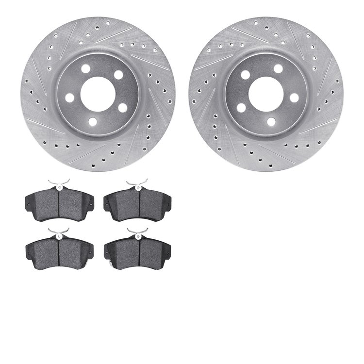 7502-39086 Drilled/Slotted Brake Rotors w/5000 Advanced Brake Pads Kit [Silver], 2003-2009 Mopar, Position: Front