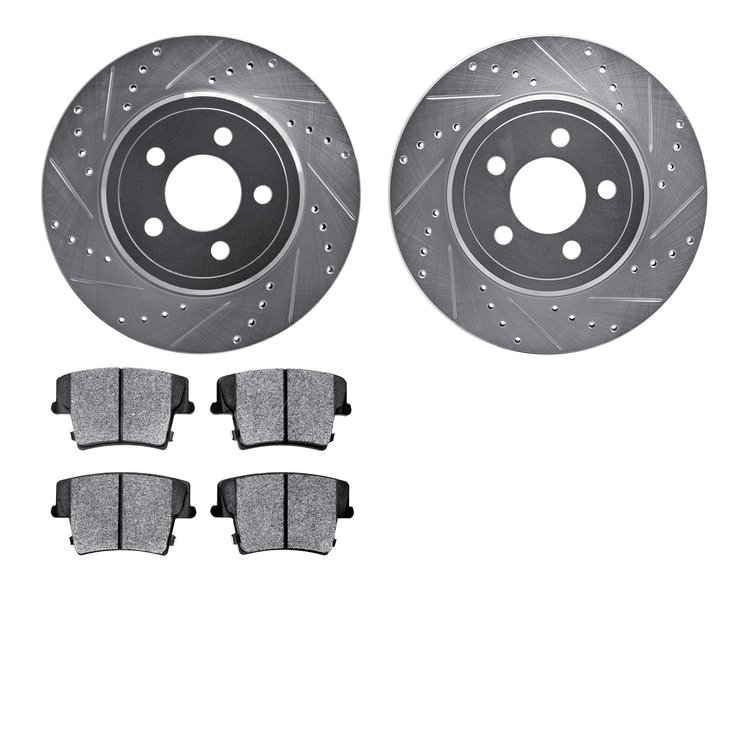 7502-39111 Drilled/Slotted Brake Rotors w/5000 Advanced Brake Pads Kit [Silver], 2005-2018 Mopar, Position: Rear