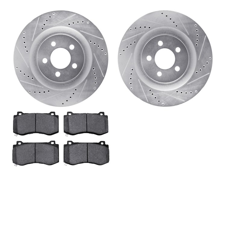 7502-39119 Drilled/Slotted Brake Rotors w/5000 Advanced Brake Pads Kit [Silver], Fits Select Mopar, Position: Front