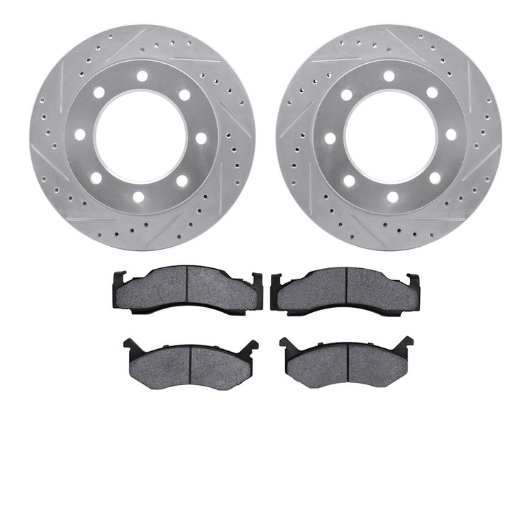 7502-40001 Drilled/Slotted Brake Rotors w/5000 Advanced Brake Pads Kit [Silver], 1973-1993 Mopar, Position: Front