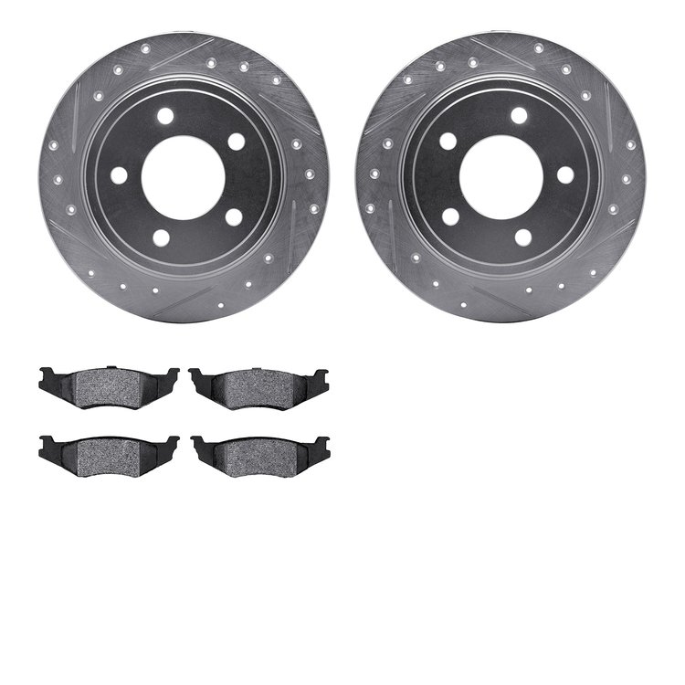 7502-40005 Drilled/Slotted Brake Rotors w/5000 Advanced Brake Pads Kit [Silver], 1993-2004 Mopar, Position: Rear