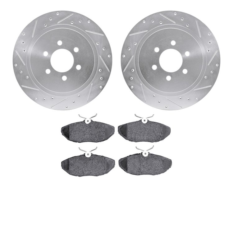 7502-40008 Drilled/Slotted Brake Rotors w/5000 Advanced Brake Pads Kit [Silver], 2001-2002 Mopar, Position: Rear