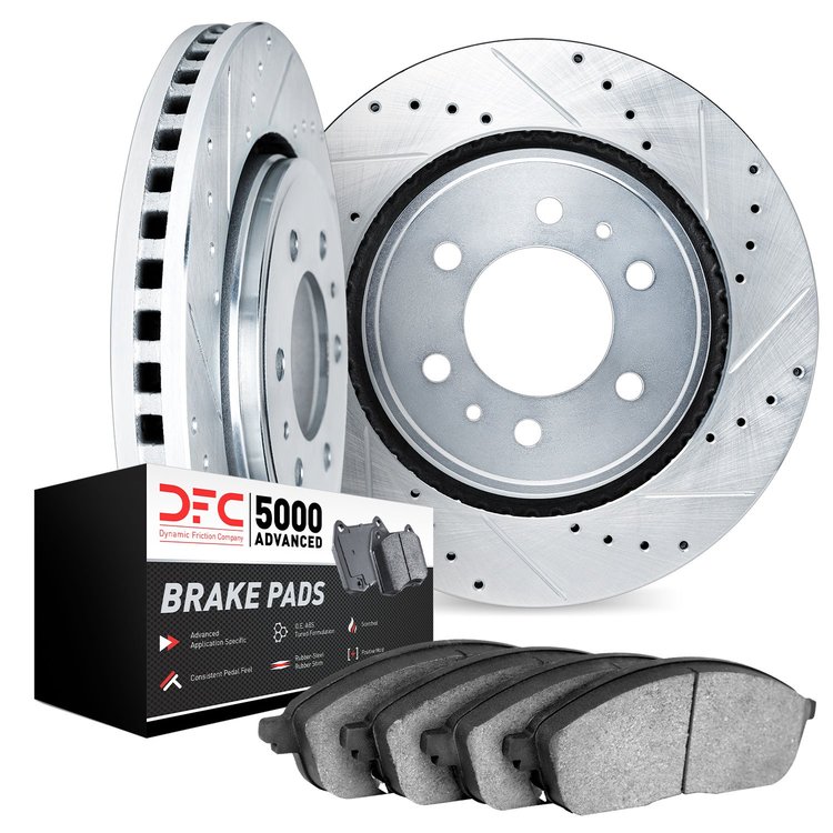 7502-40014 Drilled/Slotted Brake Rotors w/5000 Advanced Brake Pads Kit [Silver], 2003-2017 Mopar, Position: Rear