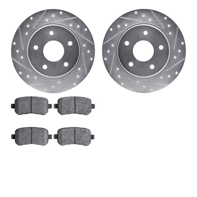 7502-40023 Drilled/Slotted Brake Rotors w/5000 Advanced Brake Pads Kit [Silver], 2008-2012 Mopar, Position: Rear