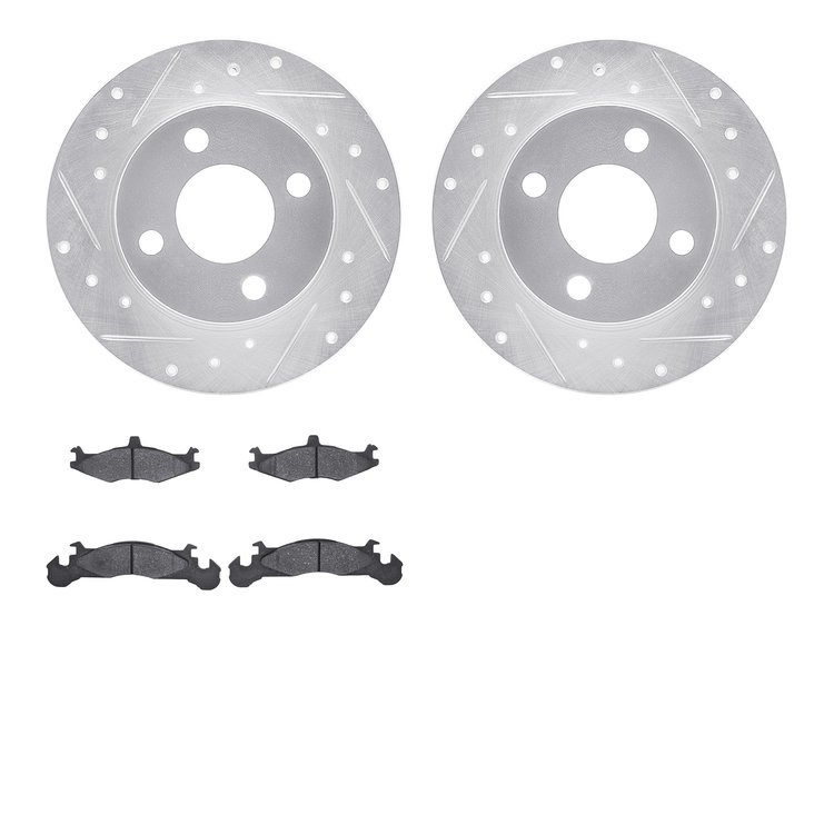 7502-40029 Drilled/Slotted Brake Rotors w/5000 Advanced Brake Pads Kit [Silver], 1983-1990 Mopar, Position: Front