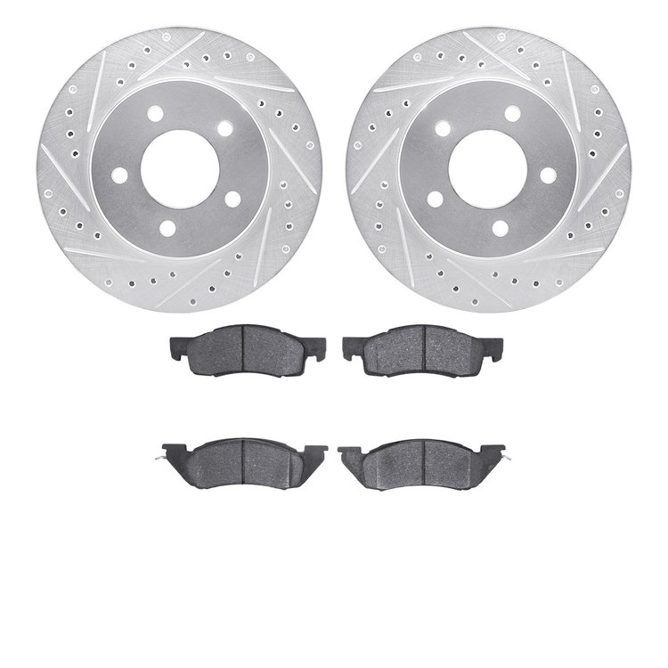7502-40034 Drilled/Slotted Brake Rotors w/5000 Advanced Brake Pads Kit [Silver], 1987-1990 Mopar, Position: Front