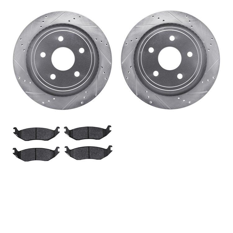 7502-40083 Drilled/Slotted Brake Rotors w/5000 Advanced Brake Pads Kit [Silver], 2002-2018 Mopar, Position: Rear