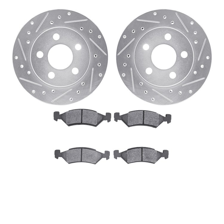 7502-40091 Drilled/Slotted Brake Rotors w/5000 Advanced Brake Pads Kit [Silver], 1985-1989 Mopar, Position: Front