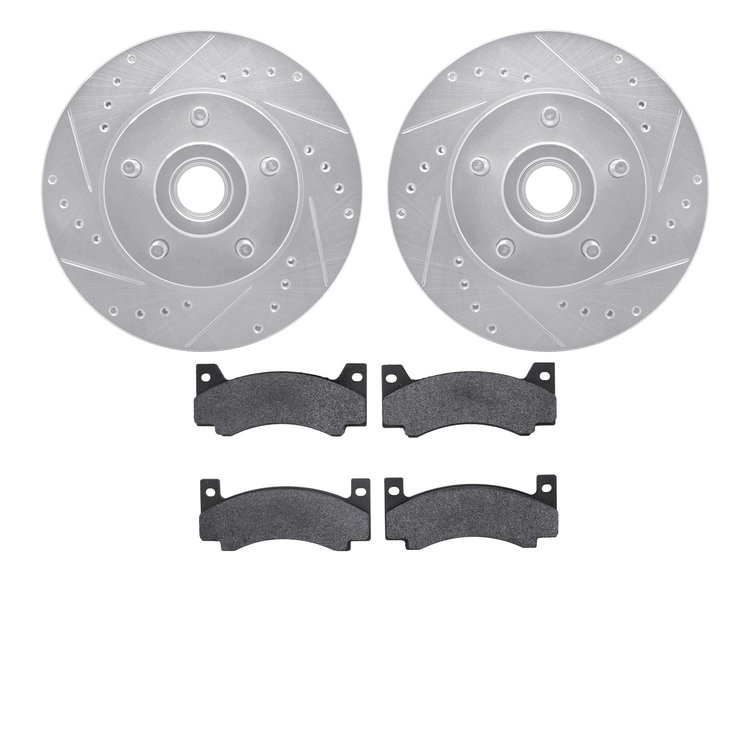 7502-40094 Drilled/Slotted Brake Rotors w/5000 Advanced Brake Pads Kit [Silver], 1970-1972 Mopar, Position: Front