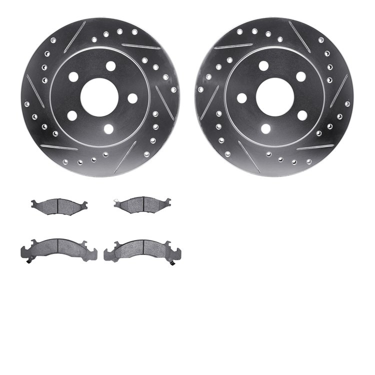 7502-40112 Drilled/Slotted Brake Rotors w/5000 Advanced Brake Pads Kit [Silver], 1991-1992 Mopar, Position: Front