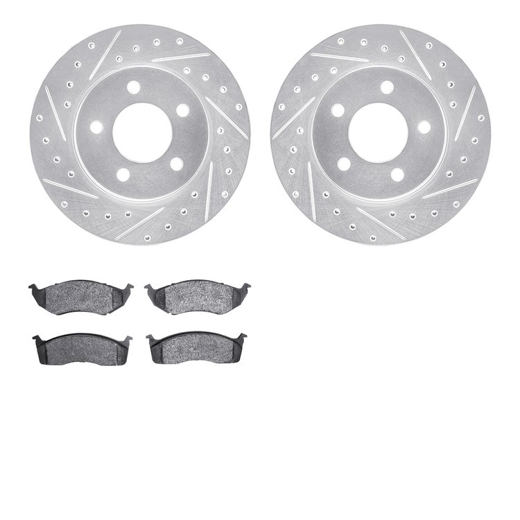7502-40115 Drilled/Slotted Brake Rotors w/5000 Advanced Brake Pads Kit [Silver], 1993-1997 Mopar, Position: Front