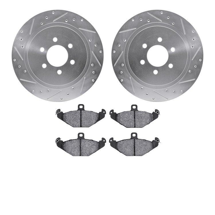 7502-40127 Drilled/Slotted Brake Rotors w/5000 Advanced Brake Pads Kit [Silver], 1992-2000 Mopar, Position: Rear