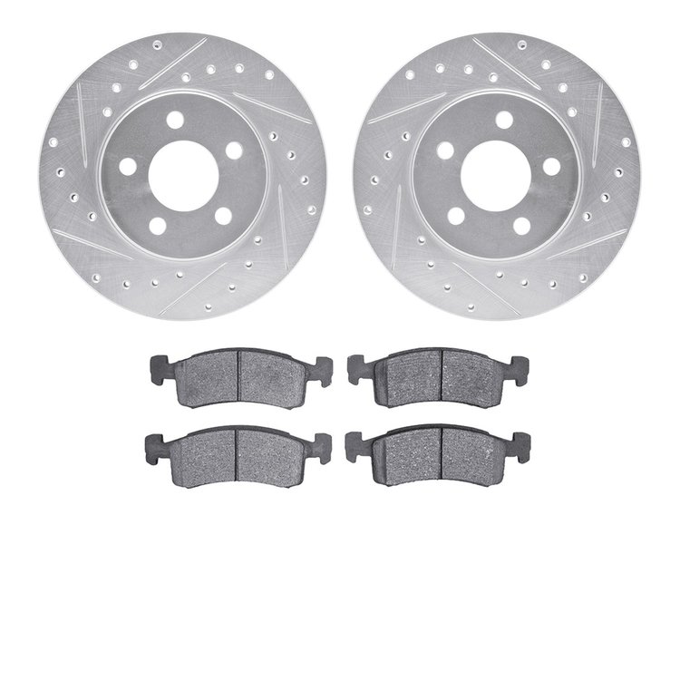 7502-40140 Drilled/Slotted Brake Rotors w/5000 Advanced Brake Pads Kit [Silver], 1984-1991 Mopar, Position: Front