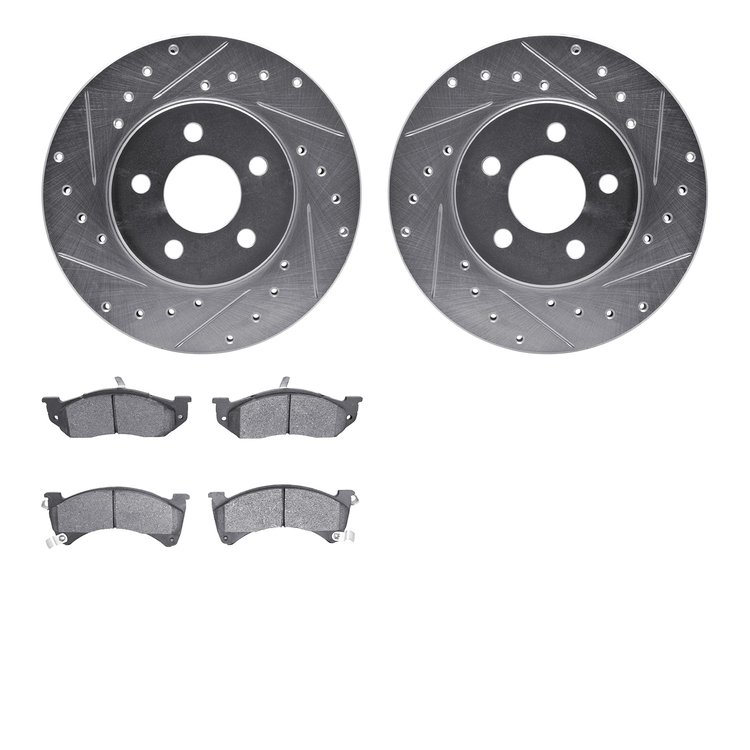 7502-40142 Drilled/Slotted Brake Rotors w/5000 Advanced Brake Pads Kit [Silver], 1988-1990 Mopar, Position: Front