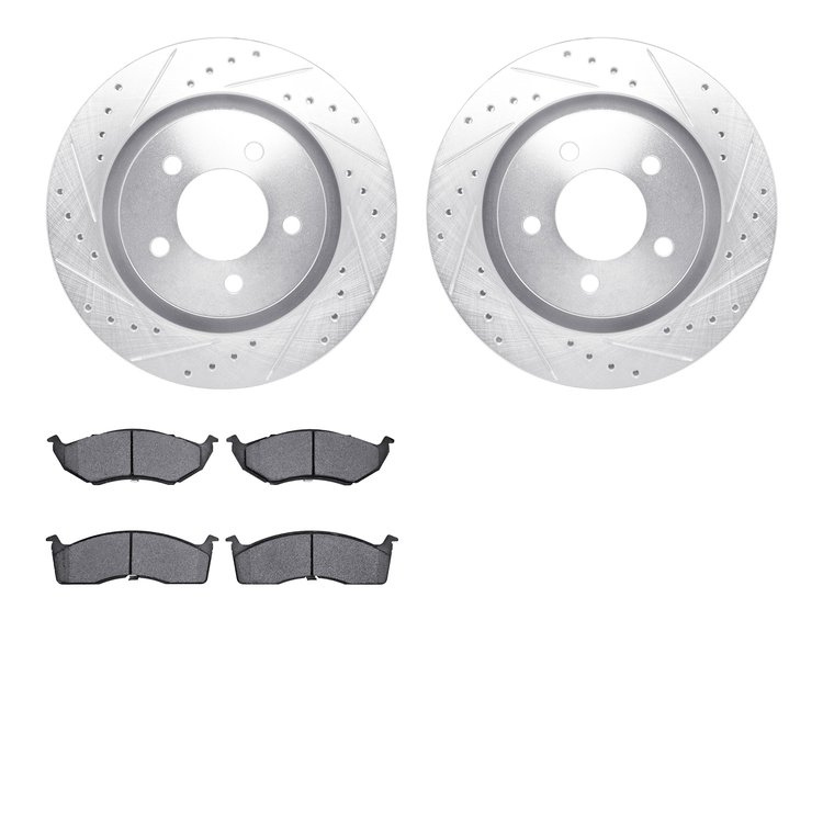 7502-40157 Drilled/Slotted Brake Rotors w/5000 Advanced Brake Pads Kit [Silver], 1999-2004 Mopar, Position: Front