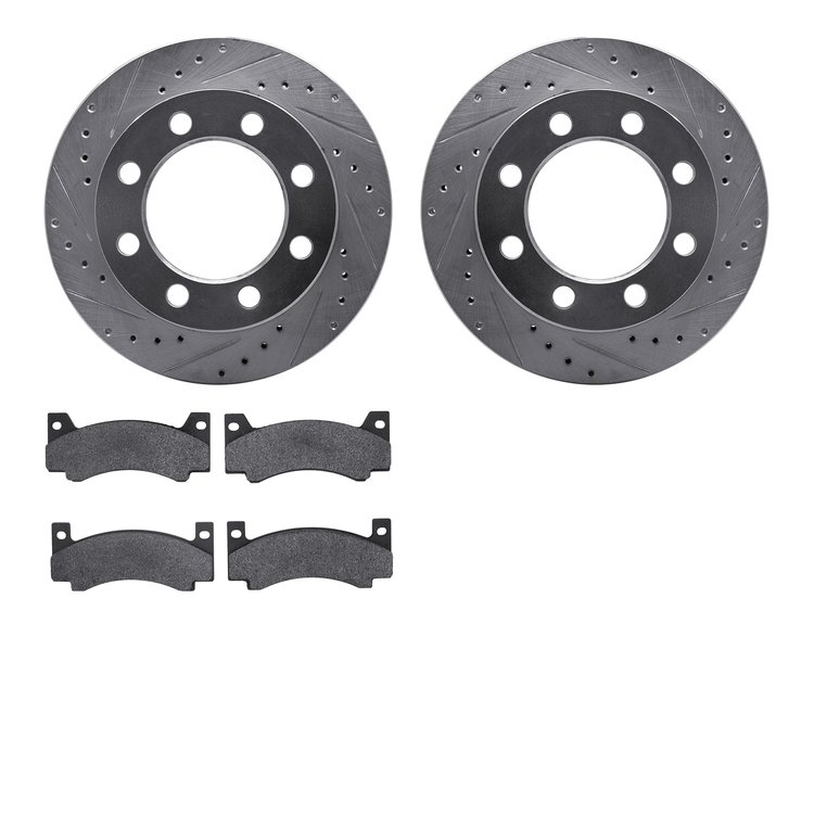 7502-40182 Drilled/Slotted Brake Rotors w/5000 Advanced Brake Pads Kit [Silver], 1971-1972 Mopar, Position: Front