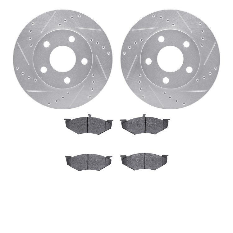 7502-40215 Drilled/Slotted Brake Rotors w/5000 Advanced Brake Pads Kit [Silver], 1989-1990 Mopar, Position: Front