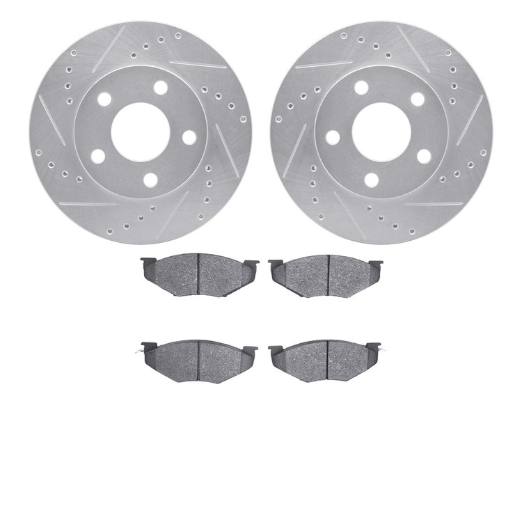 7502-40216 Drilled/Slotted Brake Rotors w/5000 Advanced Brake Pads Kit [Silver], 1987-1988 Mopar, Position: Front