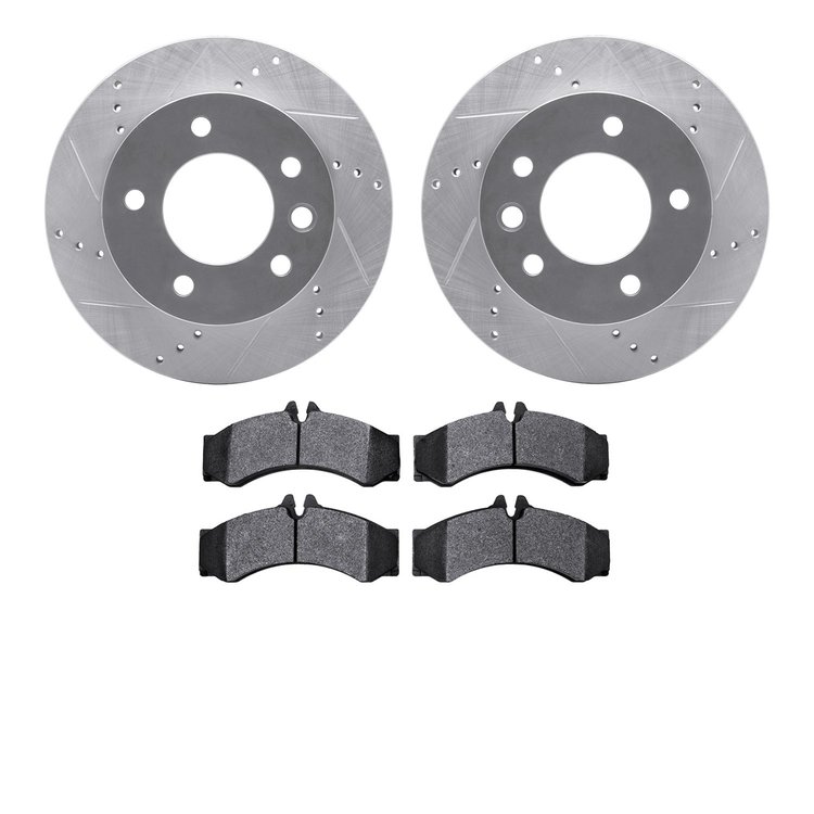 7502-40258 Drilled/Slotted Brake Rotors w/5000 Advanced Brake Pads Kit [Silver], 2002-2006 Multiple Makes/Models, Position: Fron