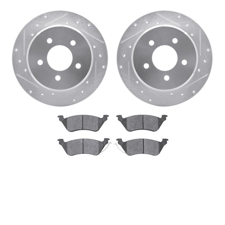 7502-40278 Drilled/Slotted Brake Rotors w/5000 Advanced Brake Pads Kit [Silver], 2001-2007 Mopar, Position: Rear