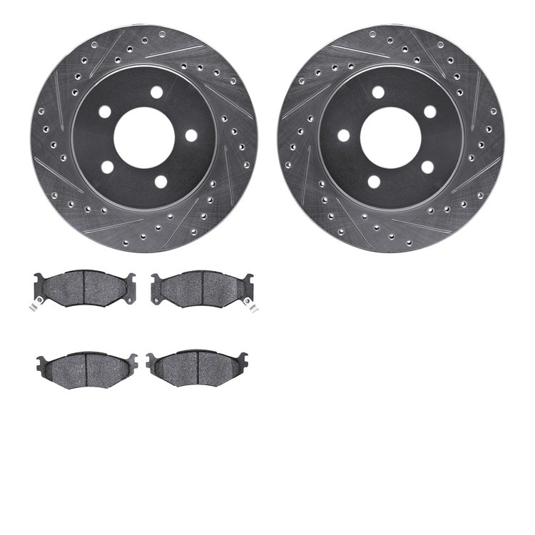 7502-40290 Drilled/Slotted Brake Rotors w/5000 Advanced Brake Pads Kit [Silver], 1991-1995 Mopar, Position: Front