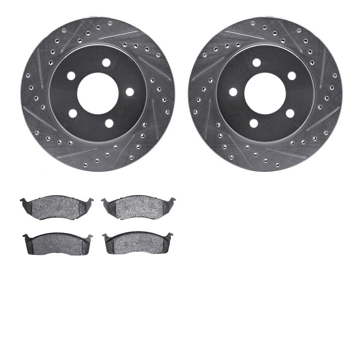 7502-40293 Drilled/Slotted Brake Rotors w/5000 Advanced Brake Pads Kit [Silver], 1996-2002 Mopar, Position: Front