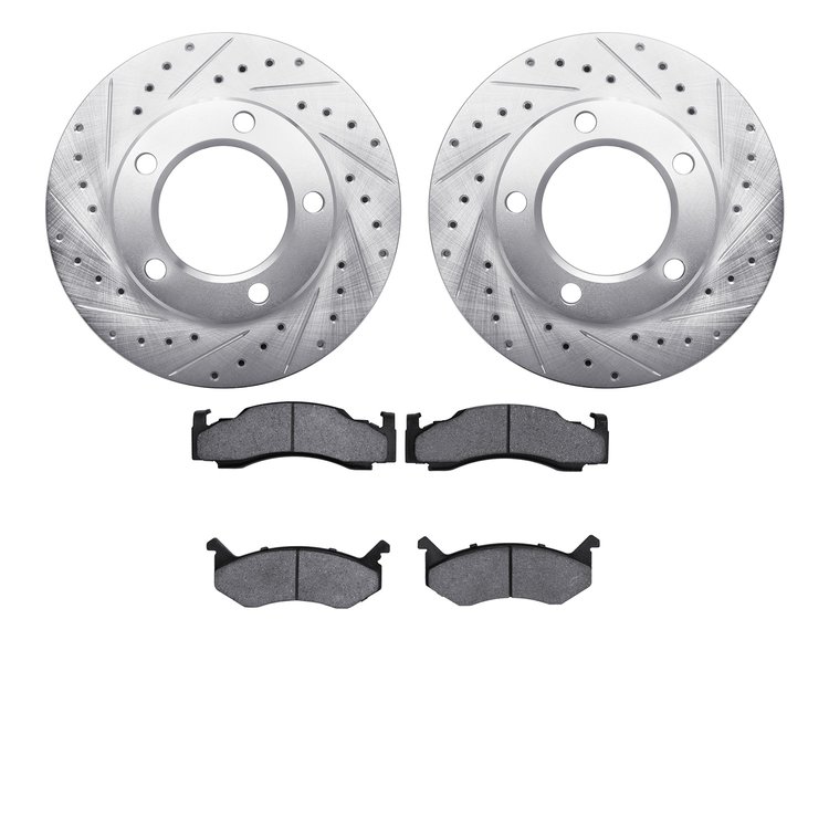 7502-40321 Drilled/Slotted Brake Rotors w/5000 Advanced Brake Pads Kit [Silver], 1980-1993 Mopar, Position: Front