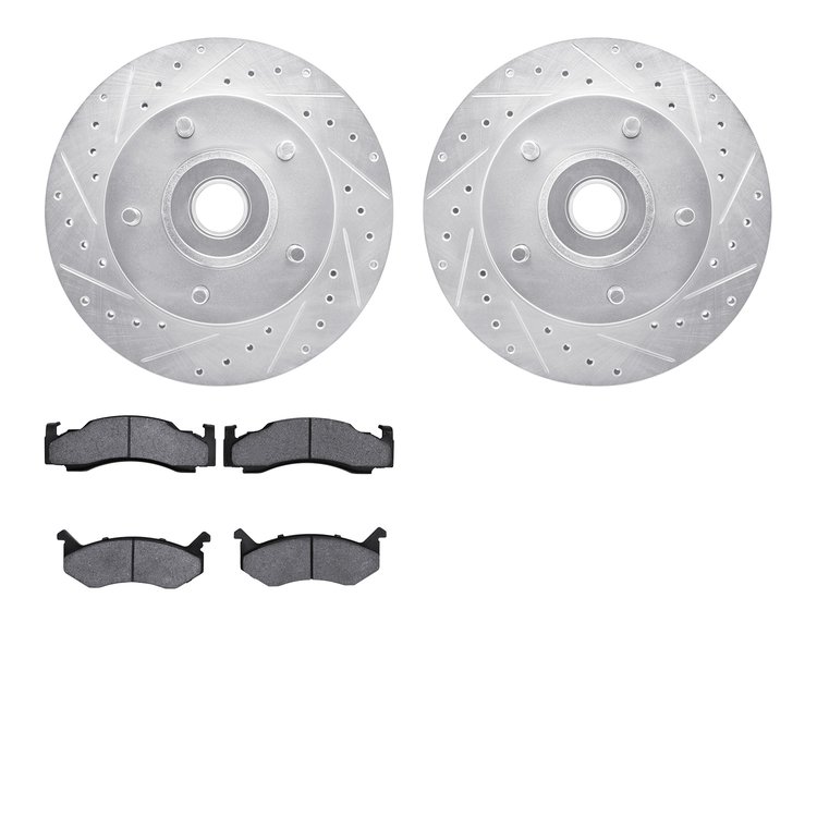7502-40327 Drilled/Slotted Brake Rotors w/5000 Advanced Brake Pads Kit [Silver], 1985-1997 Mopar, Position: Front
