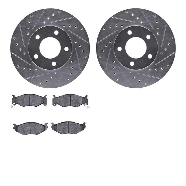 7502-40336 Drilled/Slotted Brake Rotors w/5000 Advanced Brake Pads Kit [Silver], 1991-1995 Mopar, Position: Front