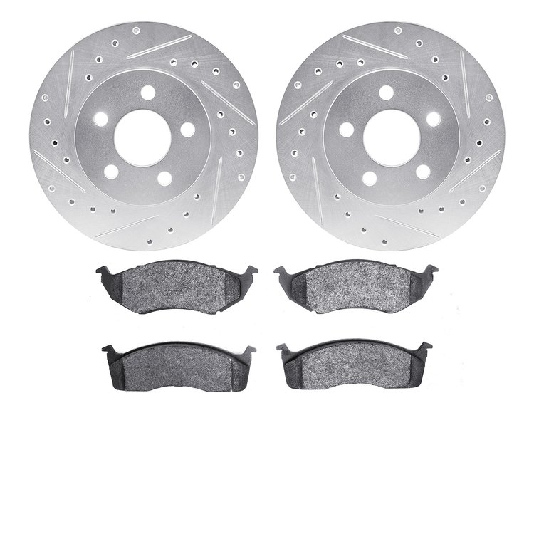 7502-40378 Drilled/Slotted Brake Rotors w/5000 Advanced Brake Pads Kit [Silver], 1996-2000 Mopar, Position: Front