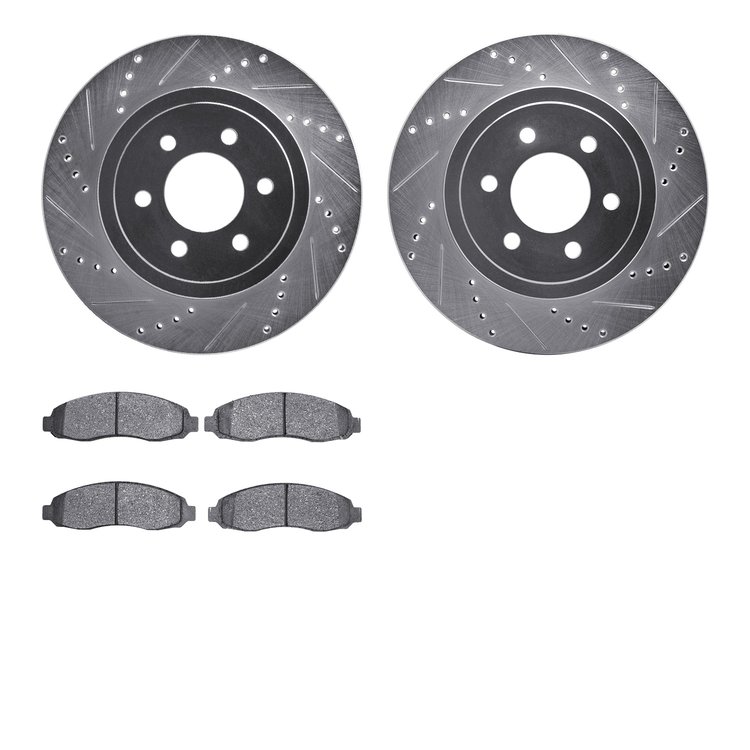 7502-40438 Drilled/Slotted Brake Rotors w/5000 Advanced Brake Pads Kit [Silver], 2003-2004 Mopar, Position: Front