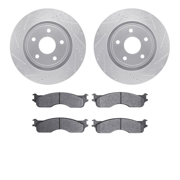 7502-40456 Drilled/Slotted Brake Rotors w/5000 Advanced Brake Pads Kit [Silver], 2004-2004 Mopar, Position: Front