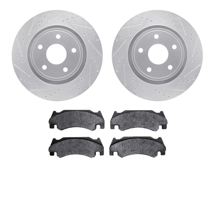 7502-40457 Drilled/Slotted Brake Rotors w/5000 Advanced Brake Pads Kit [Silver], 2005-2006 Mopar, Position: Front
