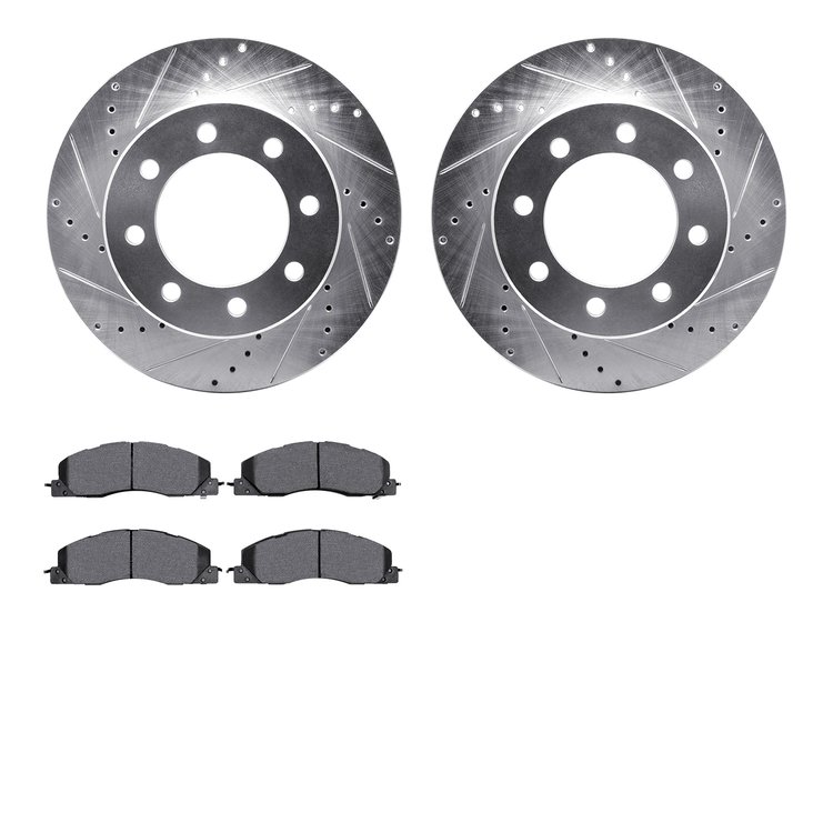 7502-40486 Drilled/Slotted Brake Rotors w/5000 Advanced Brake Pads Kit [Silver], 2009-2018 Mopar, Position: Front