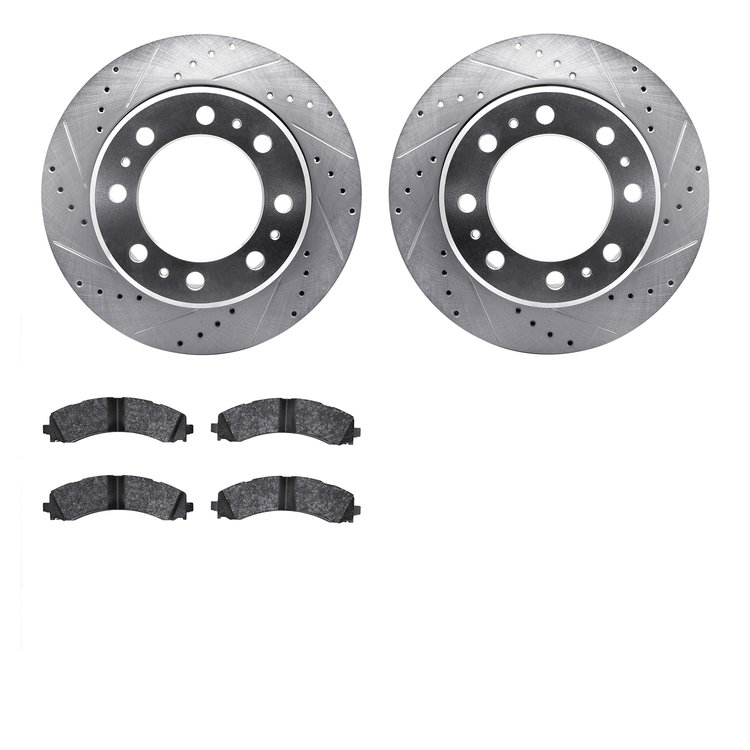 7502-40518 Drilled/Slotted Brake Rotors w/5000 Advanced Brake Pads Kit [Silver], Fits Select Mopar, Position: Rear