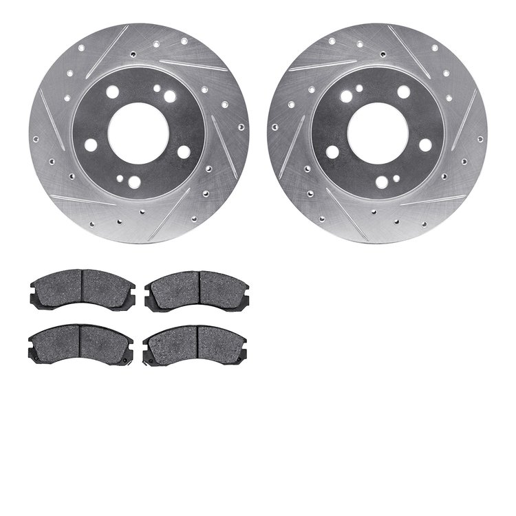7502-41000 Drilled/Slotted Brake Rotors w/5000 Advanced Brake Pads Kit [Silver], 1998-1998 Mopar, Position: Front