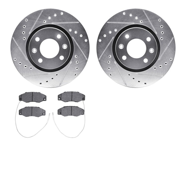 7502-41001 Drilled/Slotted Brake Rotors w/5000 Advanced Brake Pads Kit [Silver], 1988-1989 Mopar, Position: Front