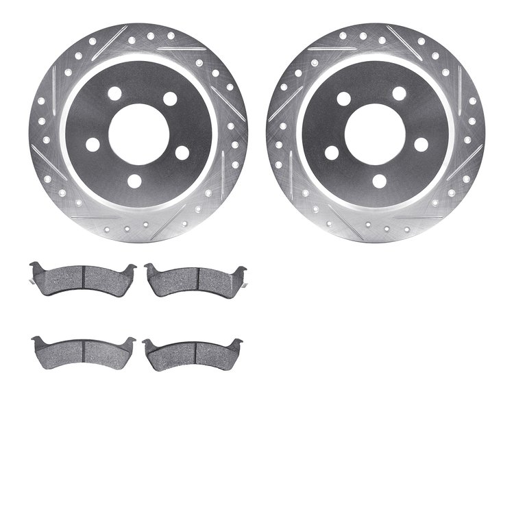 7502-42018 Drilled/Slotted Brake Rotors w/5000 Advanced Brake Pads Kit [Silver], 1993-1994 Mopar, Position: Rear