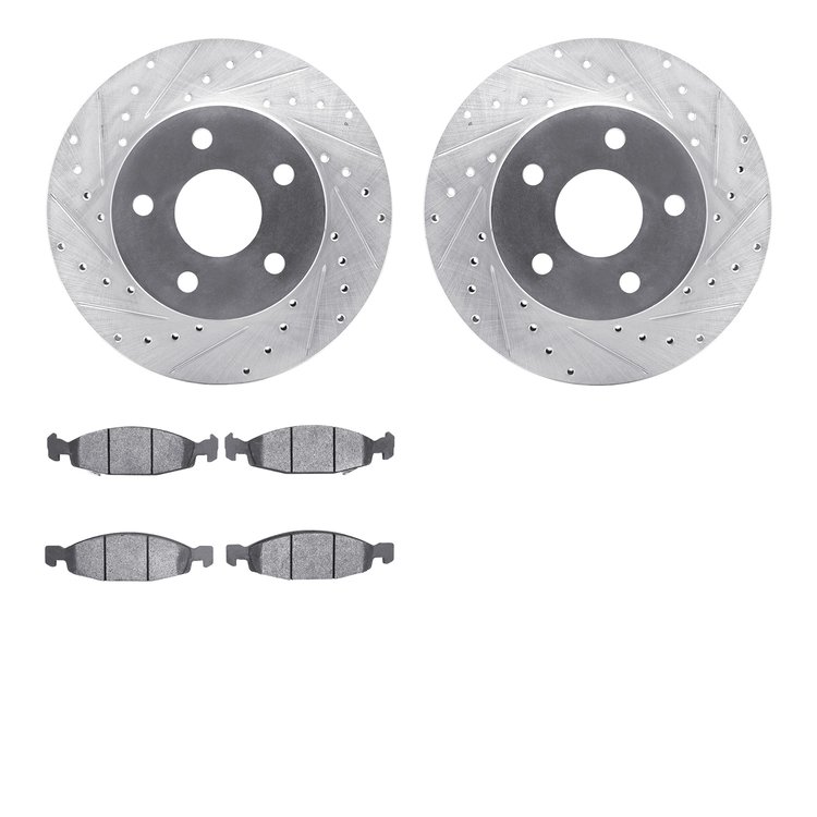 7502-42022 Drilled/Slotted Brake Rotors w/5000 Advanced Brake Pads Kit [Silver], 1999-2002 Mopar, Position: Front