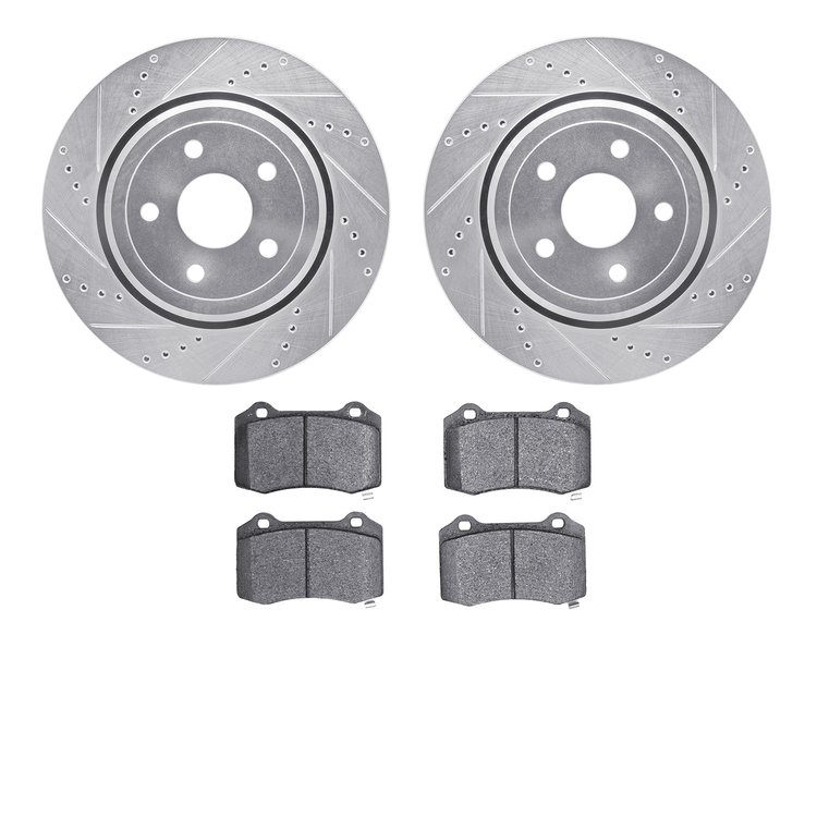 7502-42025 Drilled/Slotted Brake Rotors w/5000 Advanced Brake Pads Kit [Silver], Fits Select Mopar, Position: Rear