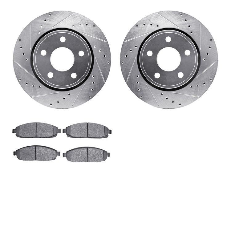 7502-42026 Drilled/Slotted Brake Rotors w/5000 Advanced Brake Pads Kit [Silver], 2005-2010 Mopar, Position: Front