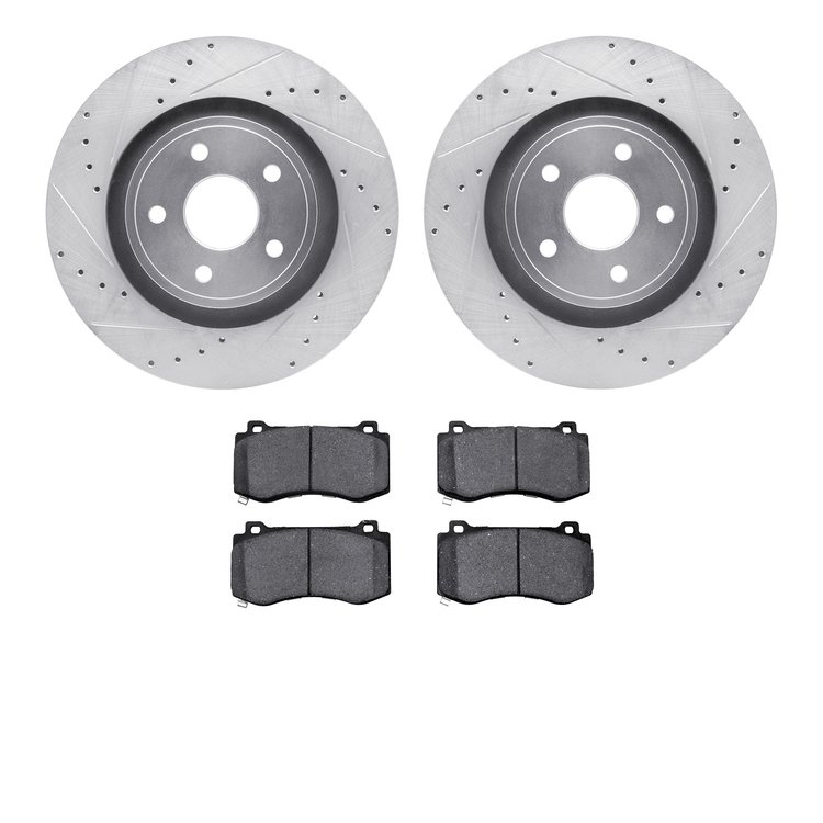 7502-42029 Drilled/Slotted Brake Rotors w/5000 Advanced Brake Pads Kit [Silver], 2006-2010 Mopar, Position: Front