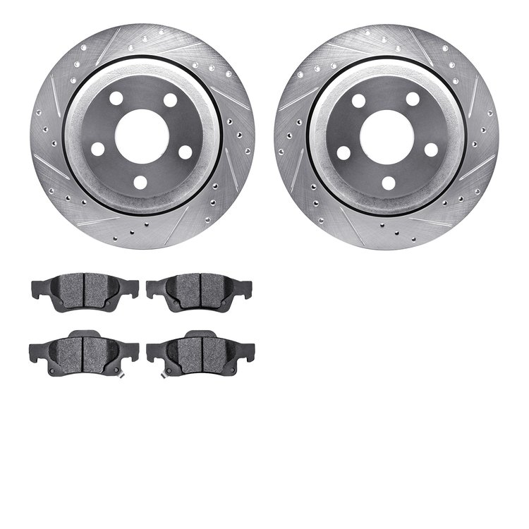 7502-42038 Drilled/Slotted Brake Rotors w/5000 Advanced Brake Pads Kit [Silver], Fits Select Mopar, Position: Rear