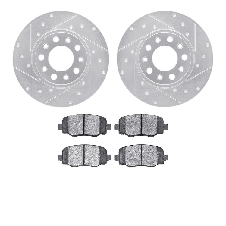 7502-42045 Drilled/Slotted Brake Rotors w/5000 Advanced Brake Pads Kit [Silver], Fits Select Mopar, Position: Rear