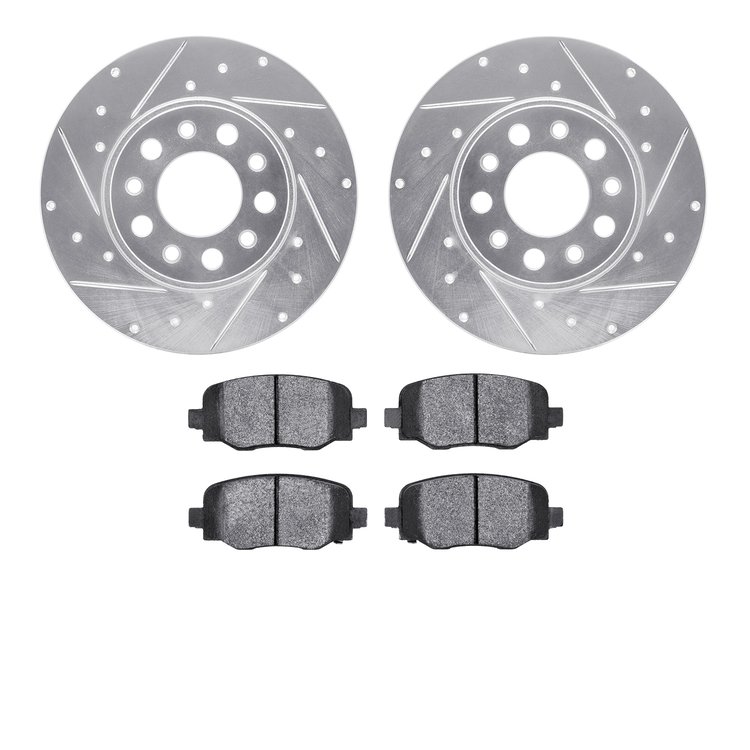 7502-42046 Drilled/Slotted Brake Rotors w/5000 Advanced Brake Pads Kit [Silver], Fits Select Mopar, Position: Rear