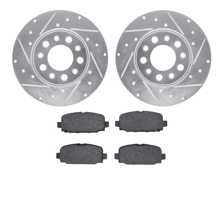 7502-42052 Drilled/Slotted Brake Rotors w/5000 Advanced Brake Pads Kit [Silver], Fits Select Mopar, Position: Rear