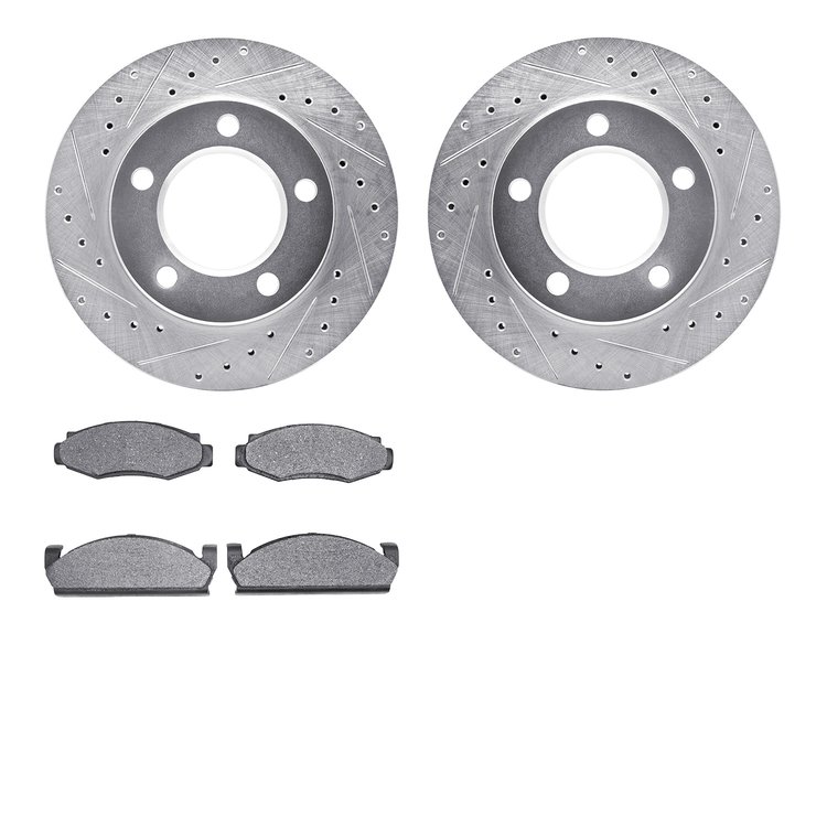 7502-42064 Drilled/Slotted Brake Rotors w/5000 Advanced Brake Pads Kit [Silver], 1978-1979 Mopar, Position: Front