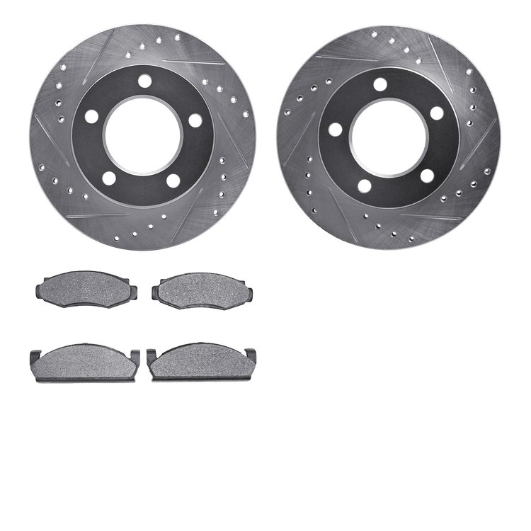 7502-42070 Drilled/Slotted Brake Rotors w/5000 Advanced Brake Pads Kit [Silver], 1978-1981 Mopar, Position: Front